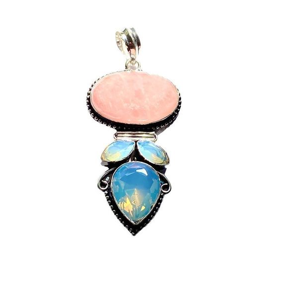 Rose Quartz & Opalite Gemstones in a Handcrafted 925 Stamped Pendant - Picture 2 of 4
